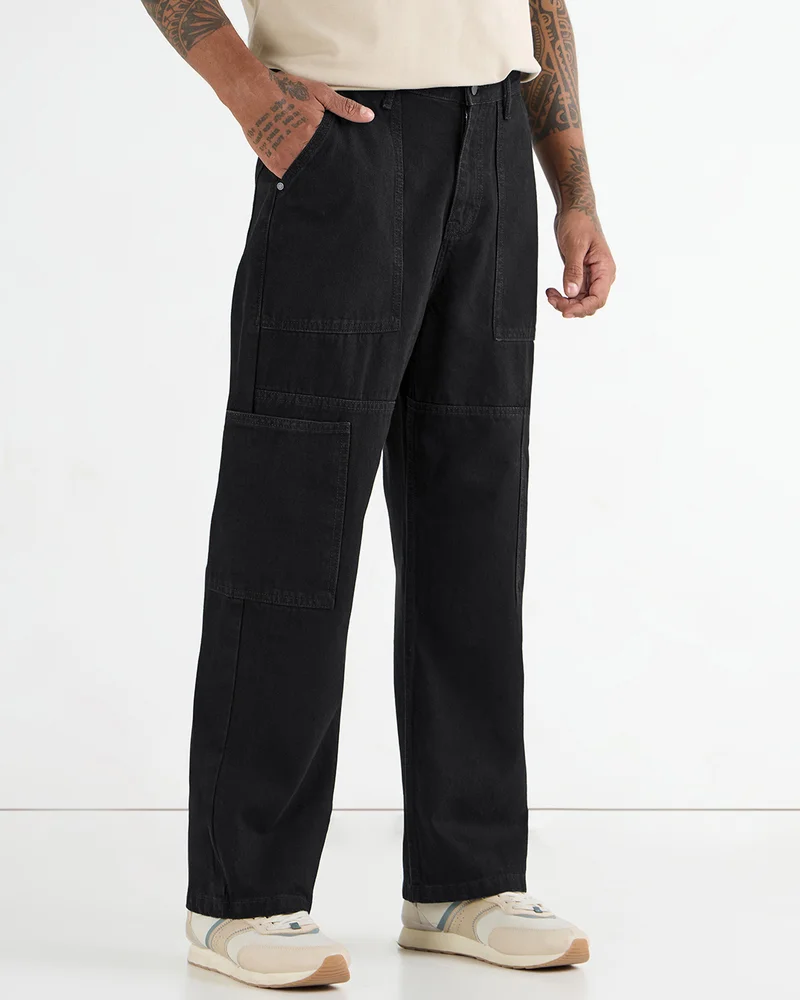 بيواكوف Men's Black Washed Baggy Fit Carpenter Mid-Rise Jeans